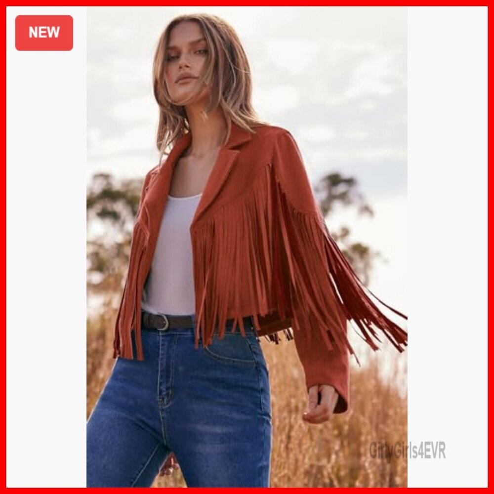 Faux Suede Fringe Cropped Jacket, Motorcycle Style, Women's Outerwear - Picture 3 of 7